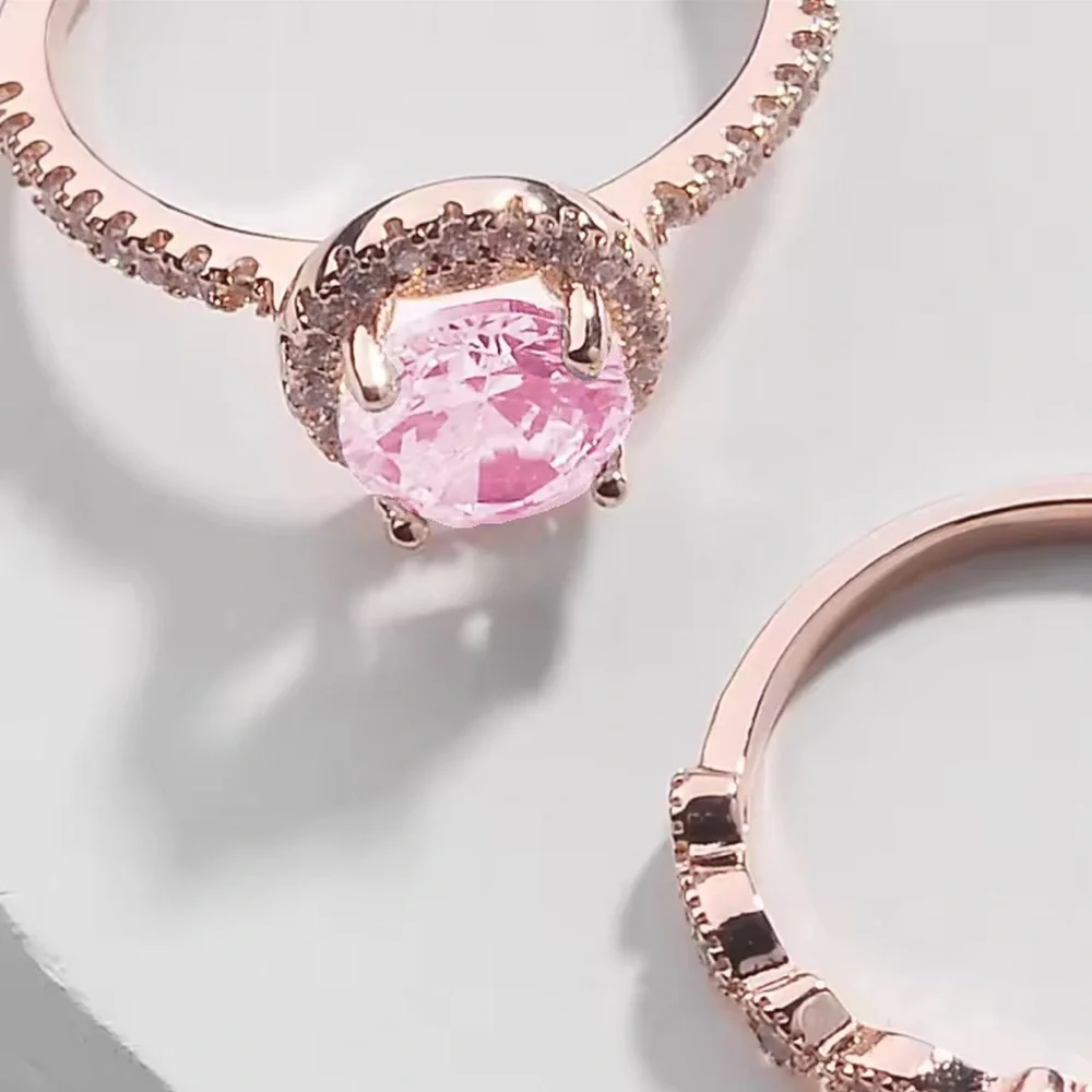 Princess Pink Rose Gold Cz Stone Women's Ring Set Gift New size 6